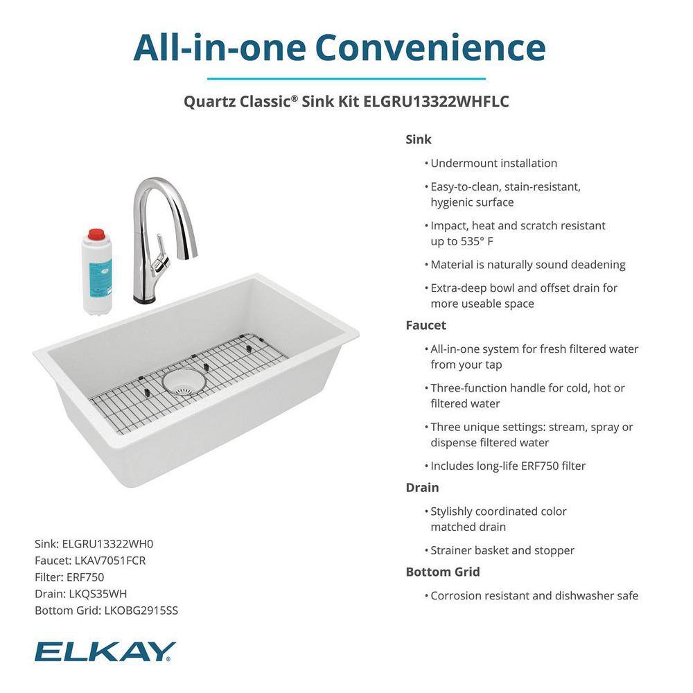 Elkay Classic White Quartz 33 in. Single-Bowl Undermount Kitchen Sink with Filtered Faucet and Accessories ELGRU13322WHFLC