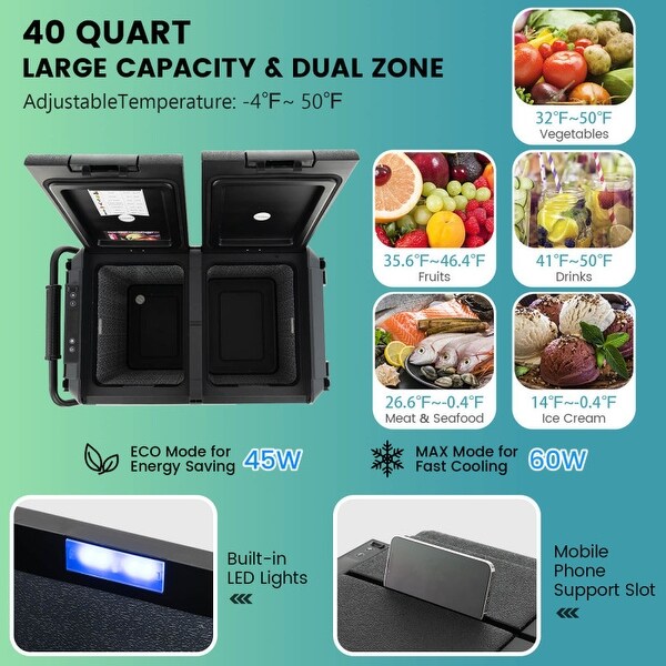 40 Quart Car Refrigerator with 12/24V DC and 110-240V AC Dual Zone - 29.5