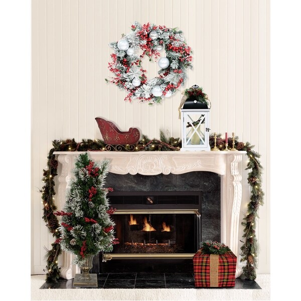 Fraser Hill Farm Tartan Christmas 5Piece Decorating Kit: Wreath，Frosted Tree，Lit Lantern，Sleigh，Gift Box