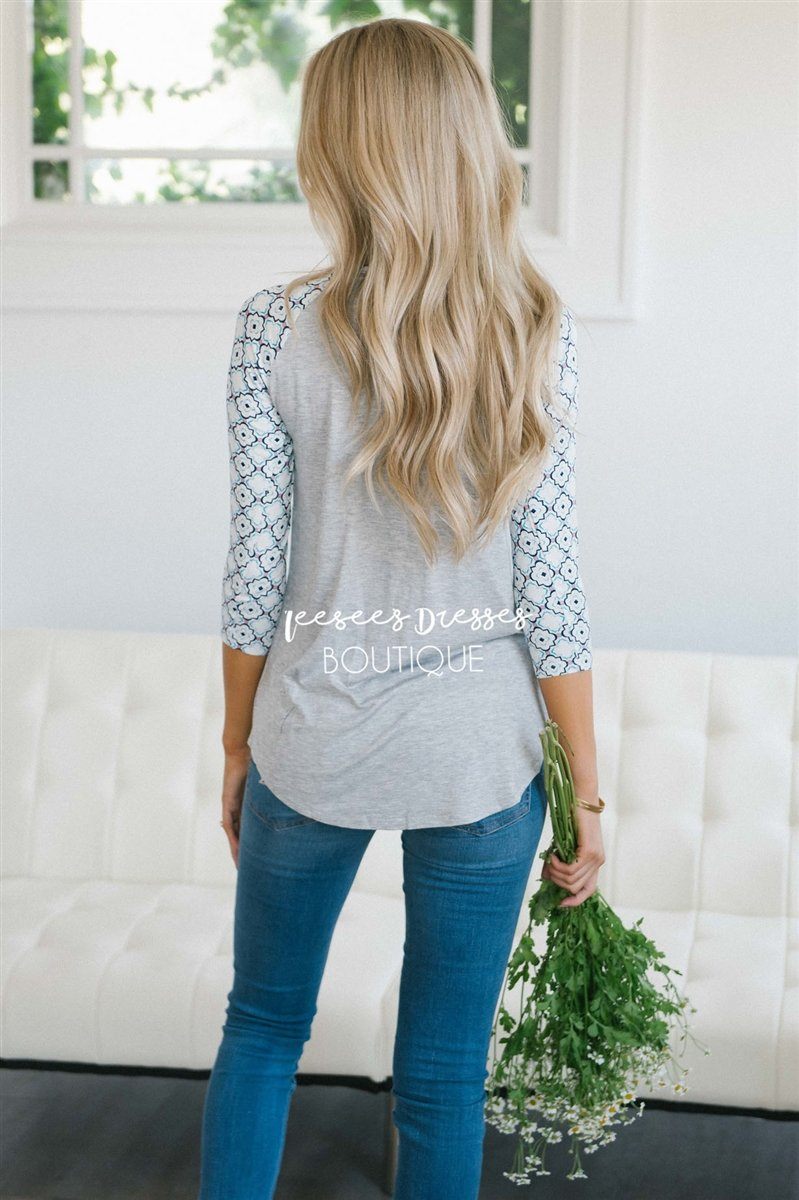 Ivory Tile Print Baseball Sleeve Top