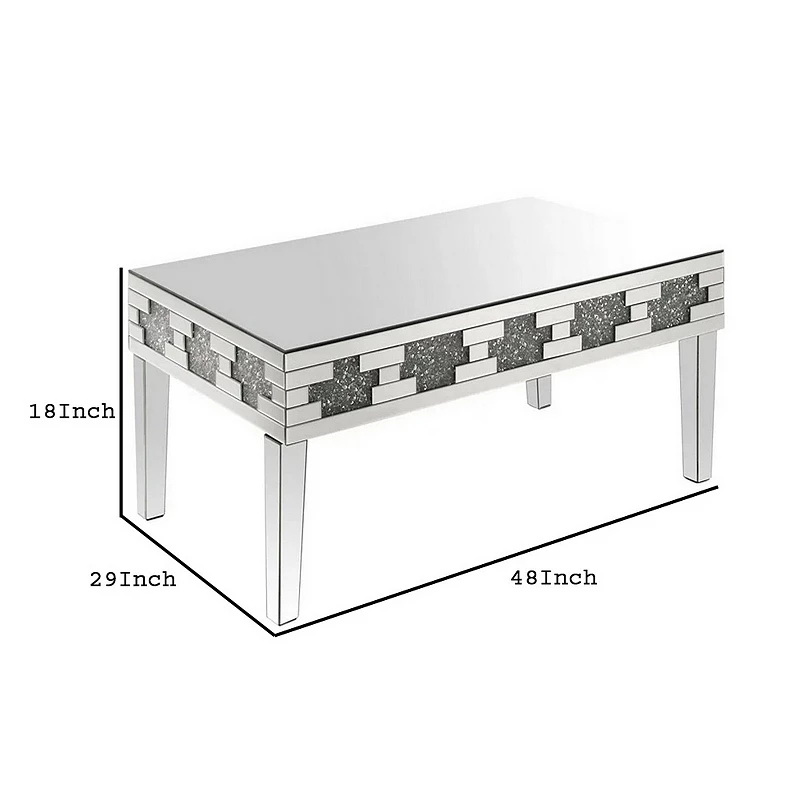 Coffee Table with Mirror Panel Framing and Faux Diamonds， Silver