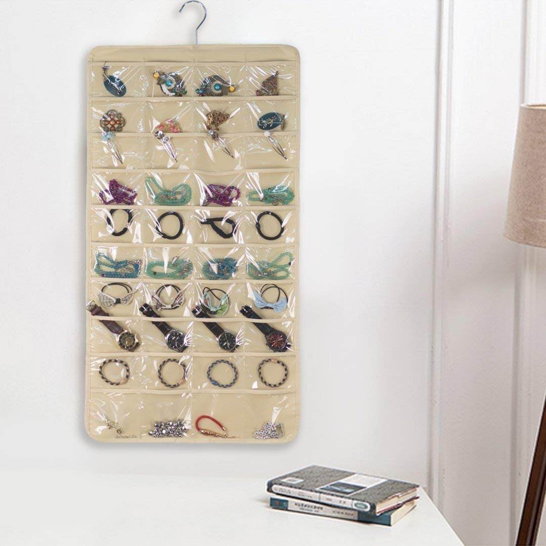 INTSUPERMAI Hanging Jewelry Organizer Earring Display Pouch Accessories Storage Bag Beige 80 Pocket