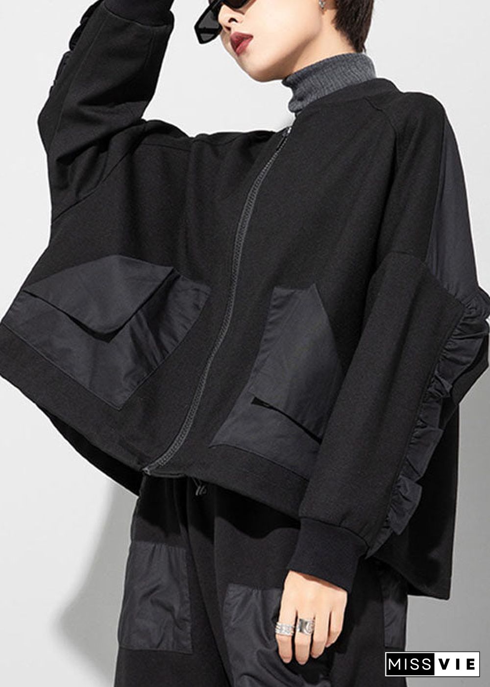 Style Black zippered Pockets Patchwork Fall Coat Long sleeve