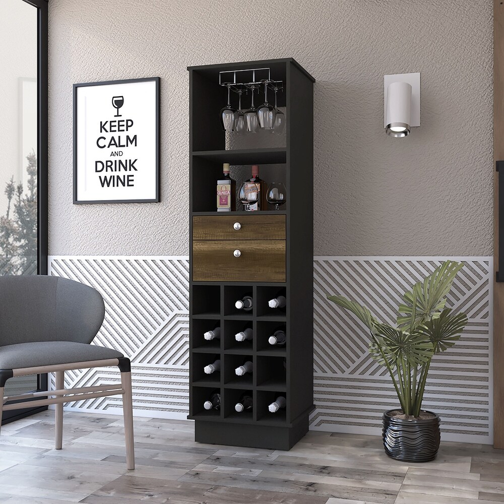 Kitchen 12 Bottle 2 Drawer 1 Shelf Bar Cabinet Black Wengue and Walnut