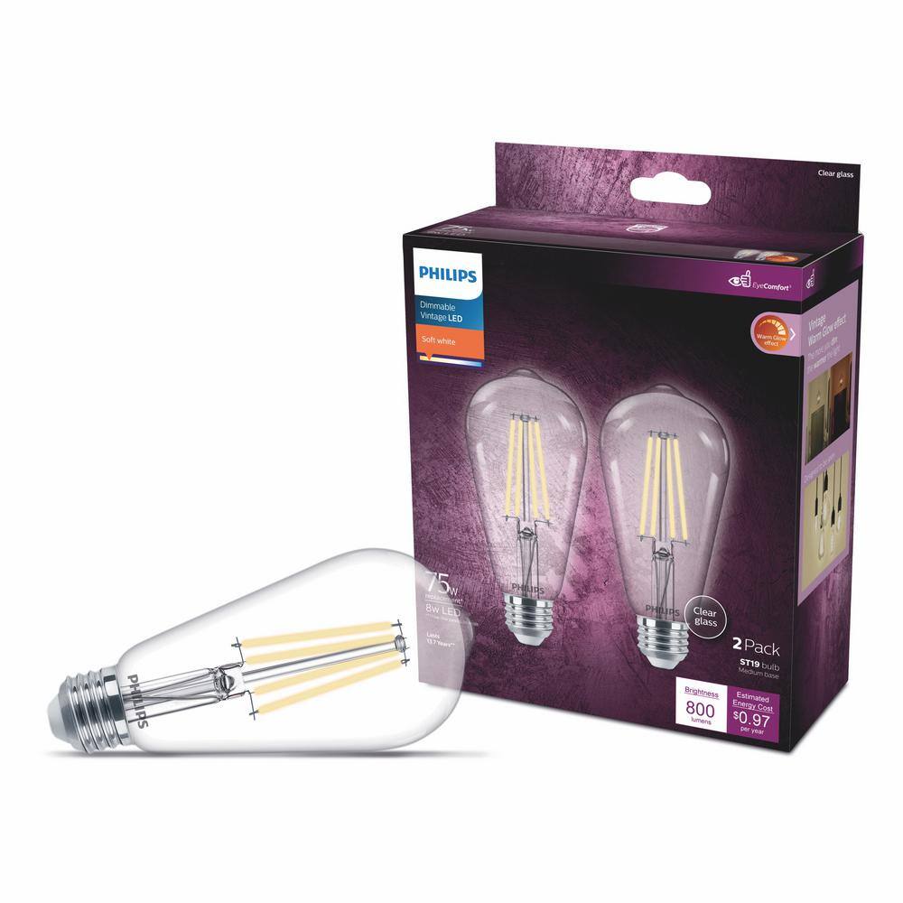 Philips 75-Watt Equivalent ST19 Clear Glass Dimmable E26 Vintage Edison LED Light Bulb Soft White with Warm Glow 2700K (2-Pack) 574004