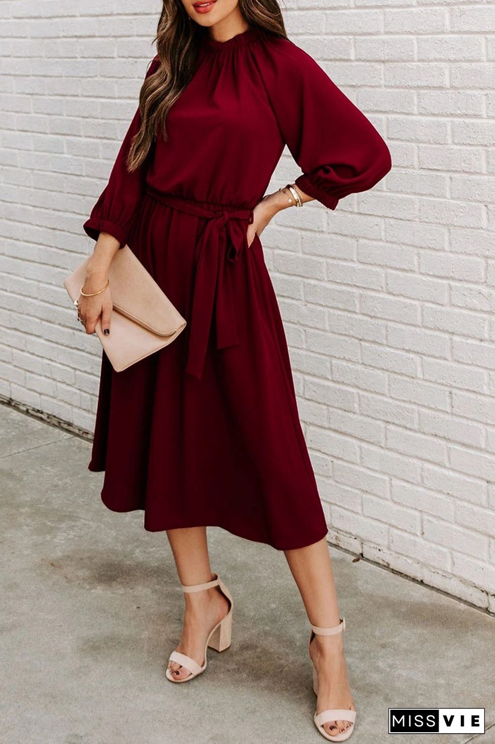 Casual Solid Patchwork O Neck Waist Skirt Dresses