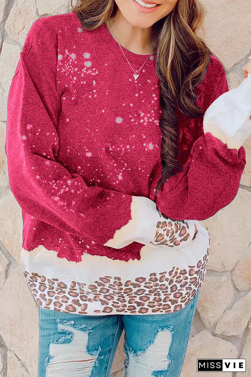 Red Leopard Bleached Pullover Sweatshirt