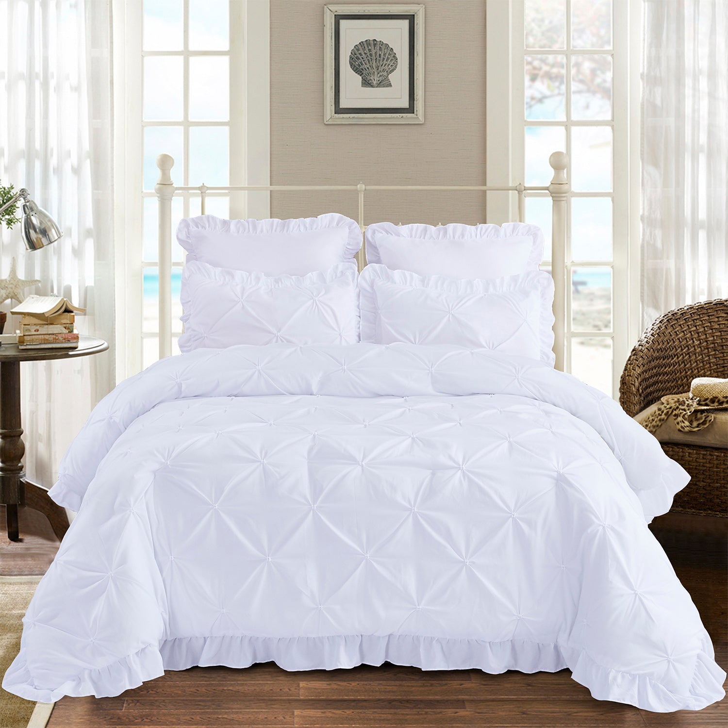 5 Piece Pinch Pleat Scallop Fringe Bedding Embroidered Comforter Set