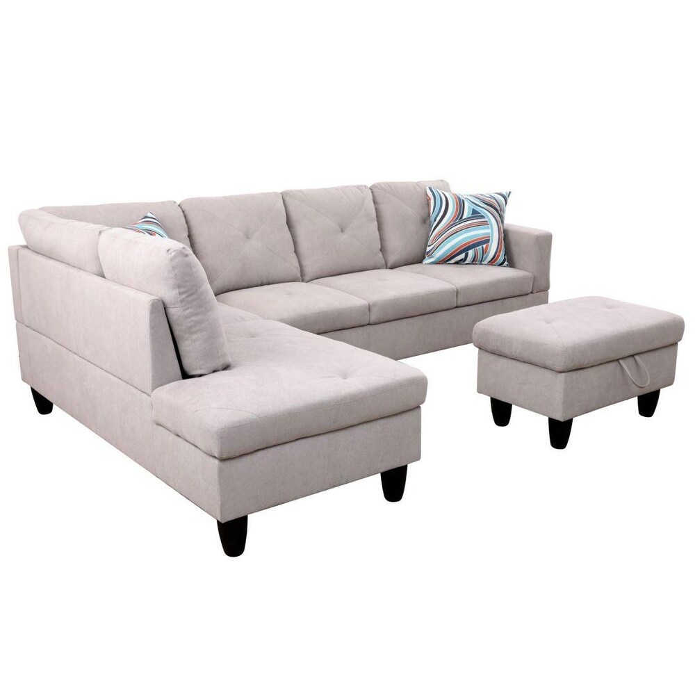 3 Pieces Sectional Sofa Set Grey White Flannel Living Room Sofa Set