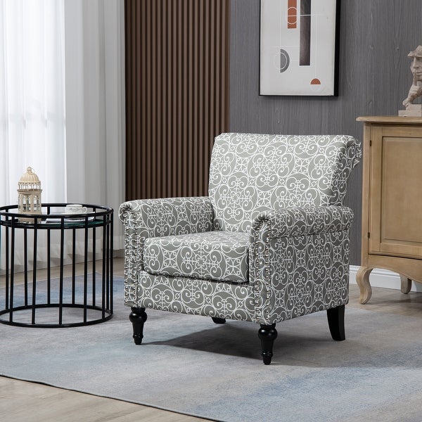 Floral Pattern Mid-Century Modern Accent Chair， Linen Armchair