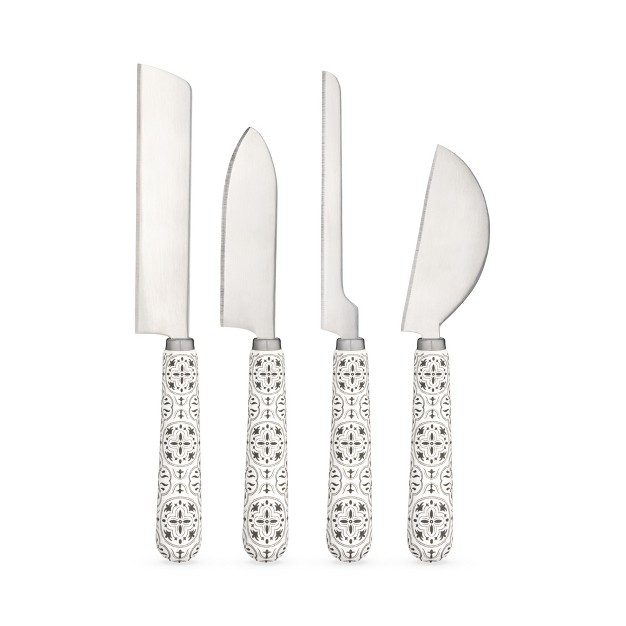 Twine 4 Piece Cheese Knives Set With Ceramic Tile Pattern Handles For Hard And Soft Cheese Bread And More Stainless Steel Blades White