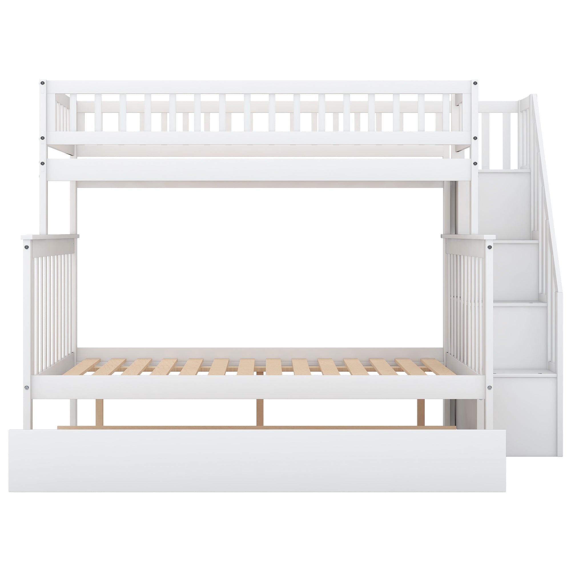 Euroco Twin Over Full Bunk Bed with Trundle and Stairs for Kids, White