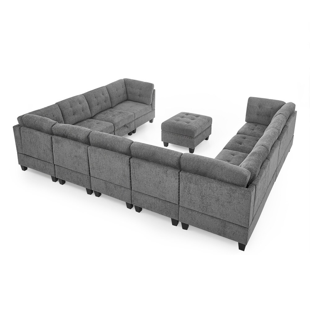 Chenille Upholstered Sectional Sofa Set 4 Corner Chaise Couch Set with Hidden Storage Ottoman for Living Room