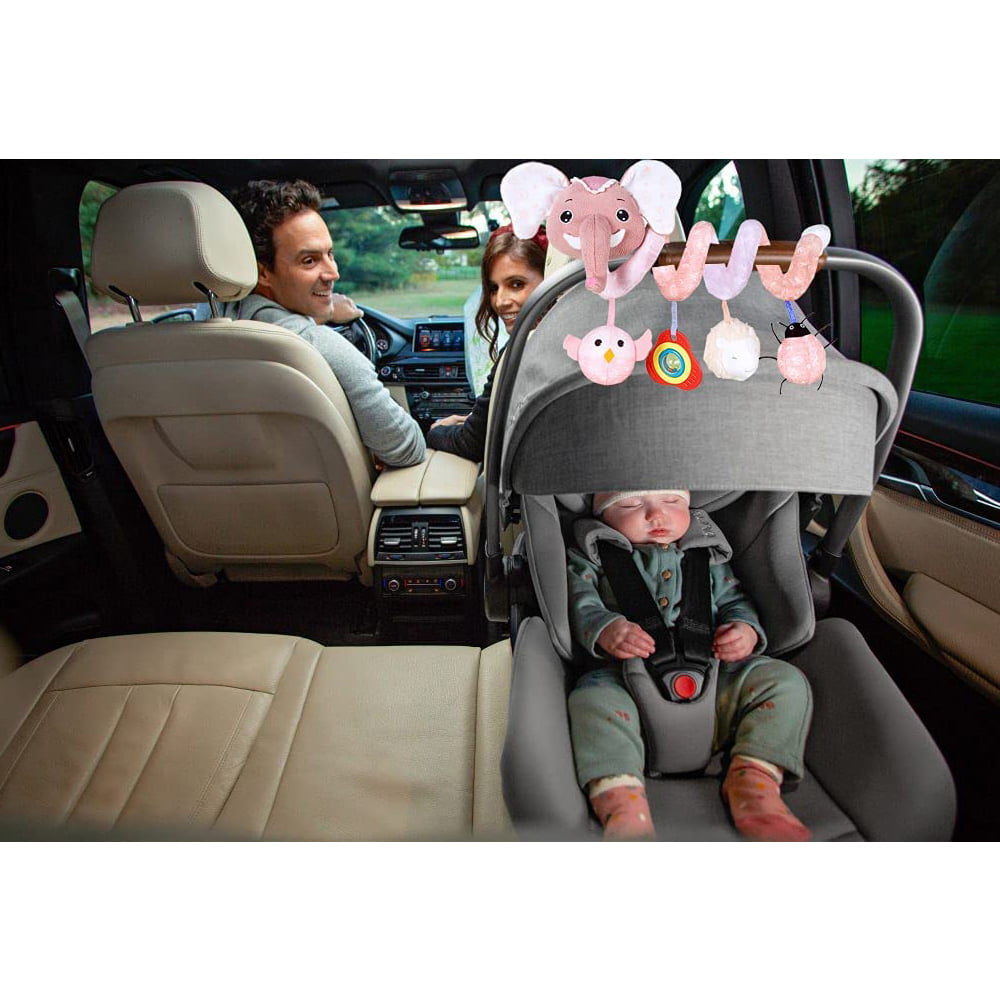 Baby Car Seat Toys， Stroller Toys， Car Seat Toys for Infants 0-6 Months， with Musical Owl Rattle Sheep Beep Ladybug Squeaker