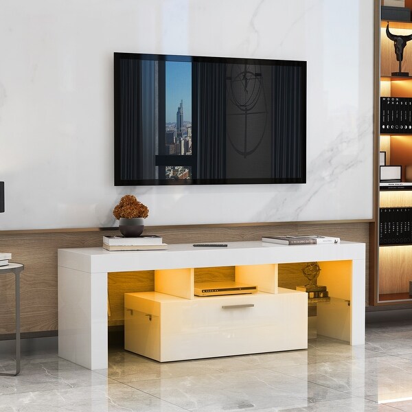 51''L RGB LED High Glossy TV Stand Console with 2 Glass Shelf TV Cabinet Entertainment Center