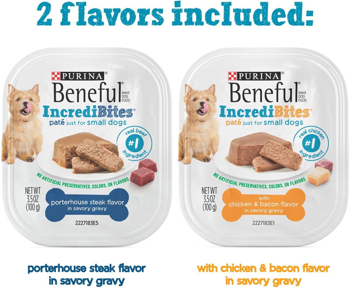 Purina Beneful IncrediBites Chicken and Bacon and Porterhouse Steak Variety Pack Pate Small Wet Dog Food， 3.5-oz can， case of 10