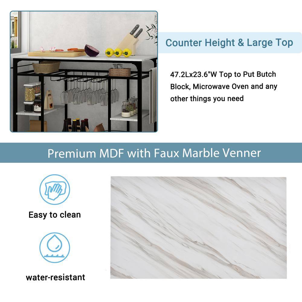 Marble White Kitchen Island Rack Counter Height Prep Table with Glass Racks and Large Worktop KIMW-10104