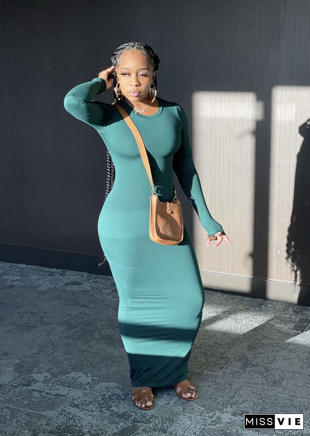 Solid Color Long Sleeve O Neck Bodycon Dress