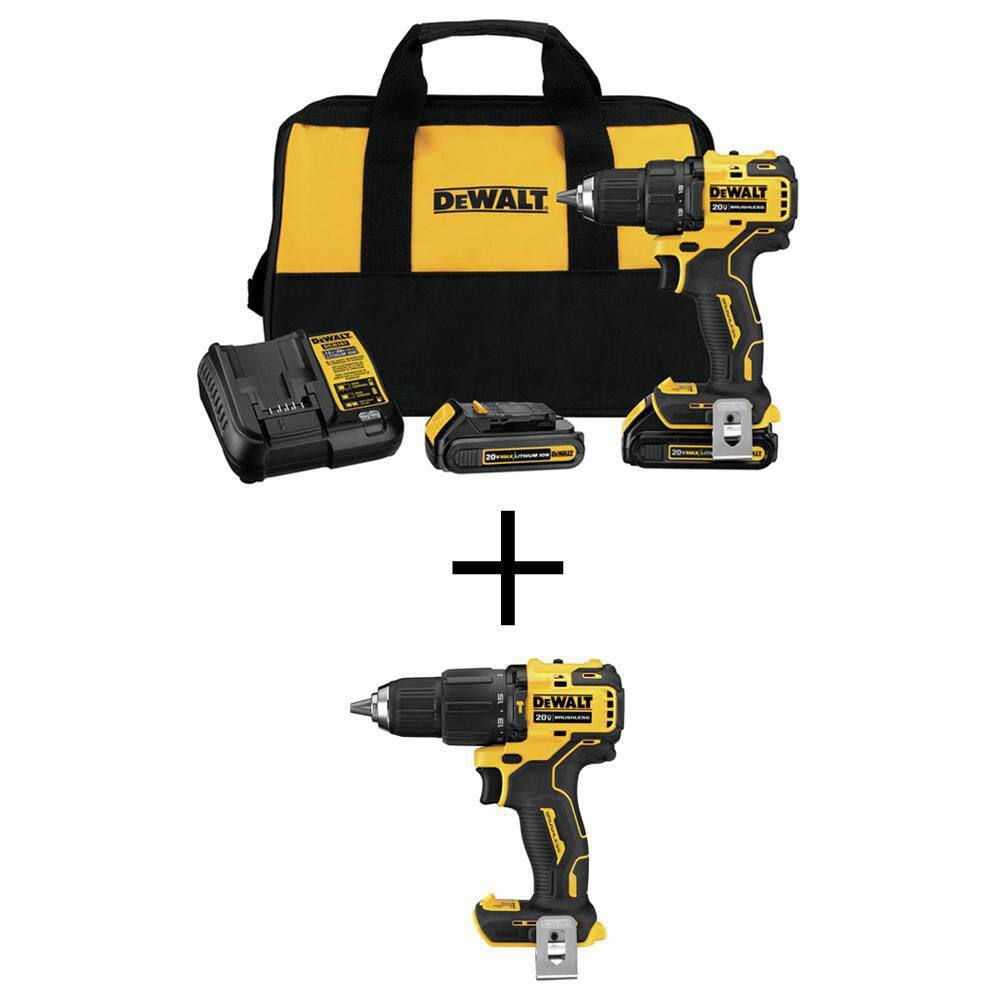 DW ATOMIC 20V MAX Cordless Brushless Compact 12 in. DrillDriver Kit and ATOMIC Brushless Compact 12 in. Hammer Drill DCD708C2WCD709B