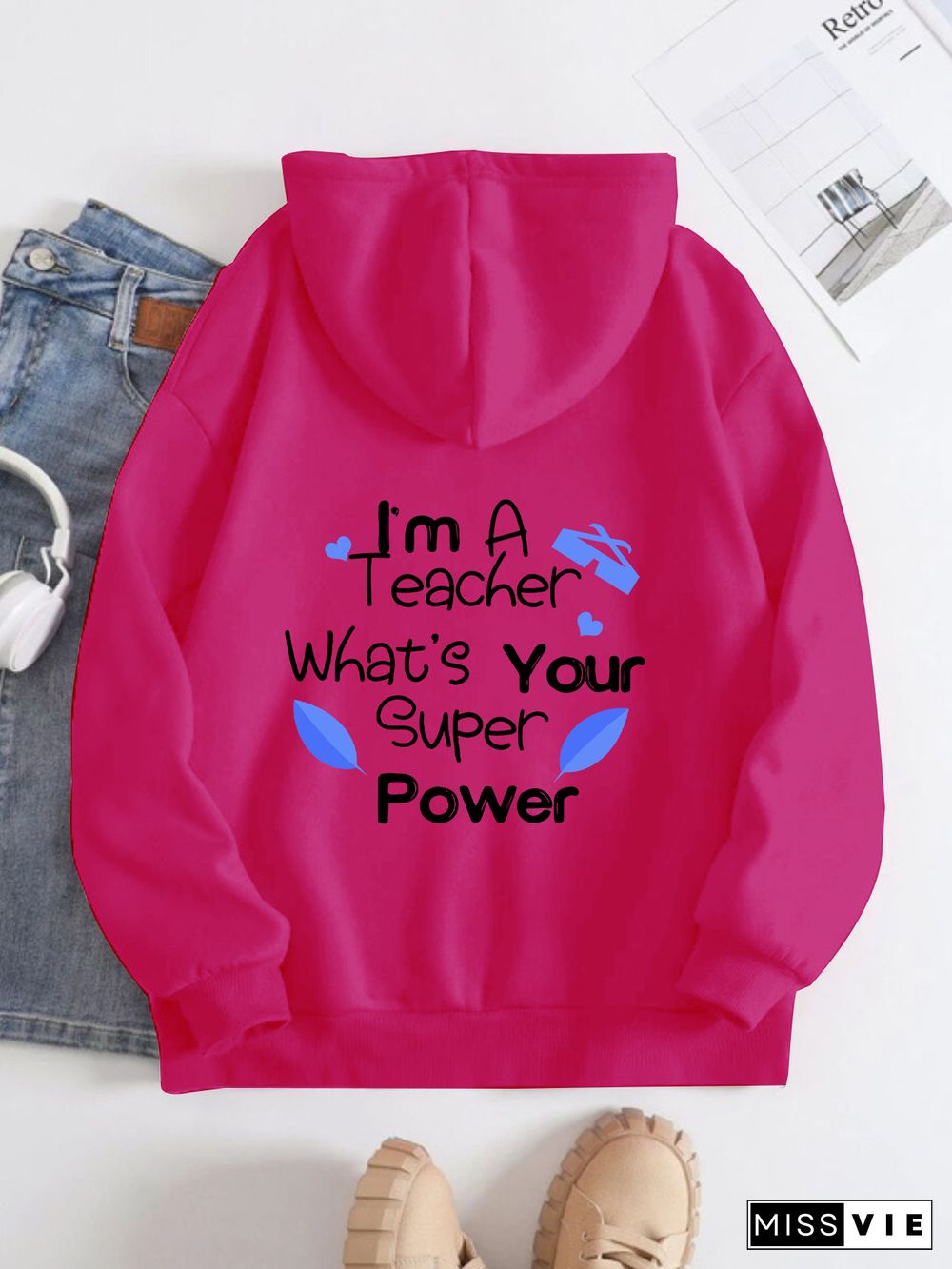 Printed on the Back Kangaroo Pocket Hoodie Long Sleeve for Women Pattern I am a super teacher