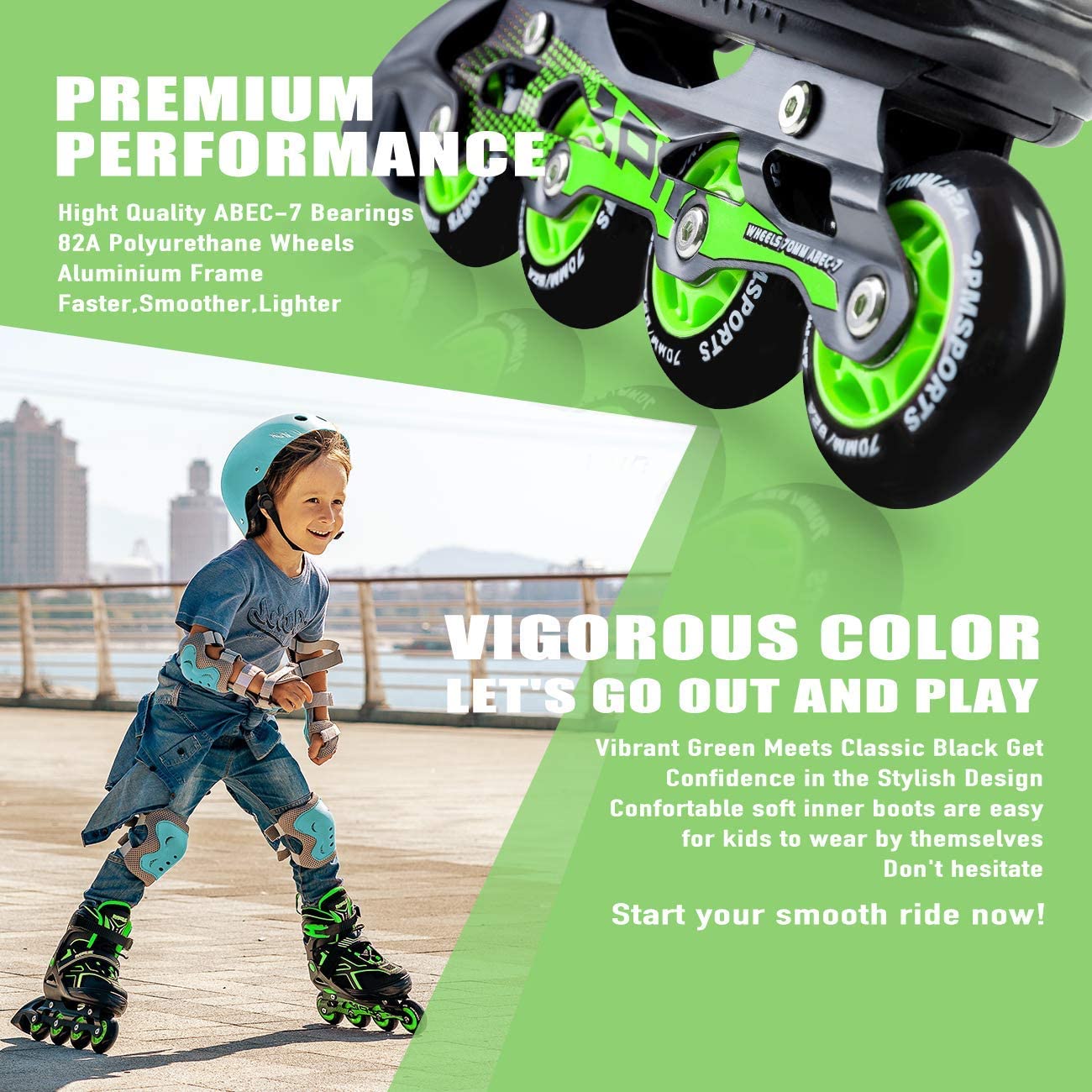 2PM SPORTS Torinx Green Black Boys Adjustable Inline Skates， Fun Roller Blades for Kids， Beginner Roller Skates for Girls， Men and Ladies - Green Large(4Y-7Y US)