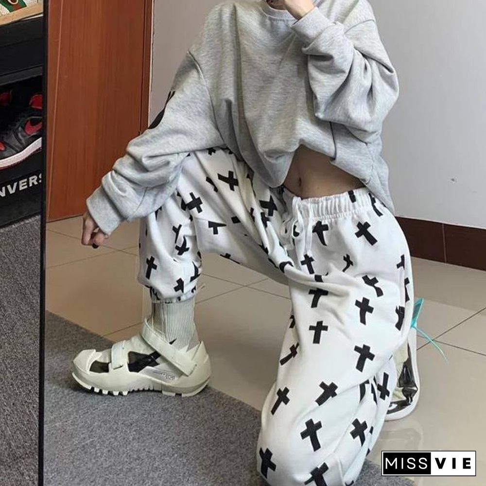 High Waist Jogging Pants Women Printed Loose Sportwear Trousers Female Korean Hip Hop Pants Casual Wide-leg Streetwear Pants