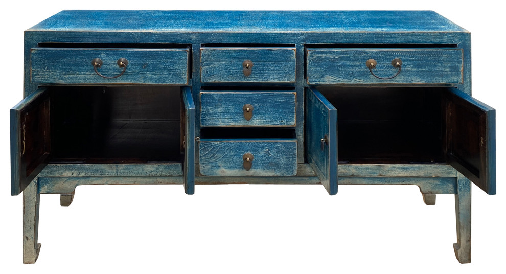 Distressed Teal Sailor Blue Tall Console Table Cabinet Credenza Hcs7479   Farmhouse   Console Tables   by Golden Lotus Antiques  Houzz