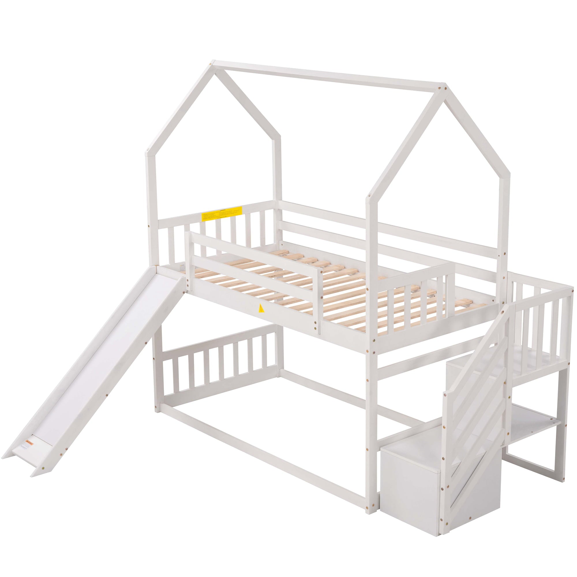 EUROCO Twin over Twin House Bunk Bed with Staircase for Kids for Bedroom, White