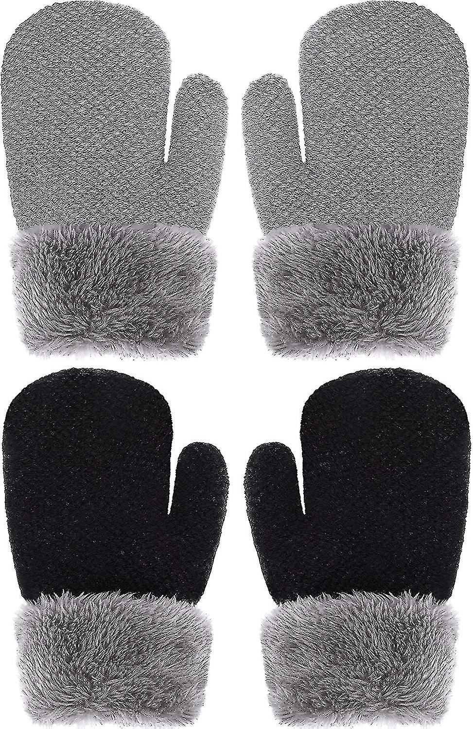 2 Pairs Winter Toddler Gloves Warm Plush Lined Knit Gloves Full Fingers Chunky Mittens For Boys And Girls