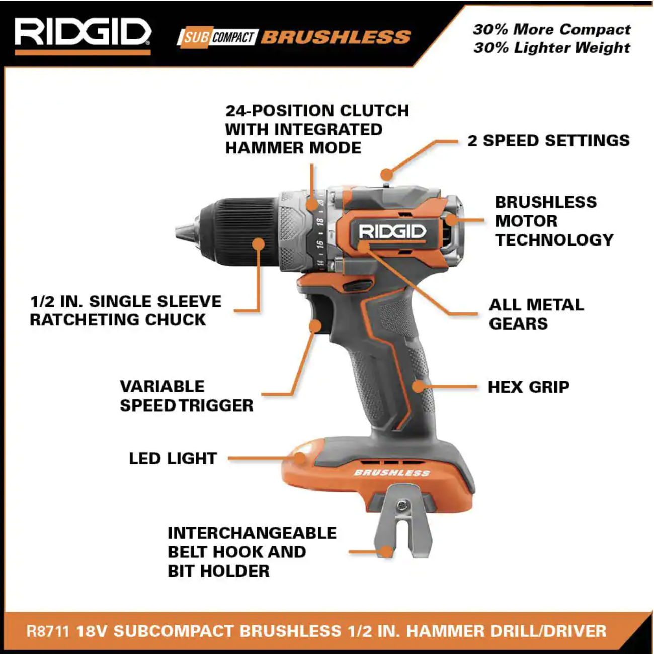 Ridgid 18V SubCompact Brushless 1/2 In. Hammer Drill/Driver (Tool Only)