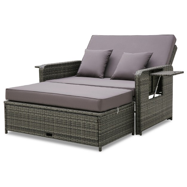 Tangkula Patio Daybed Set Rattan Loveseat Sofa Set W Adjustable Backrest Gray Cushions