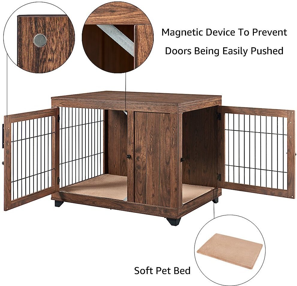 Unipaws Wooden Wire Furniture End Table Dog Crate， Walnut