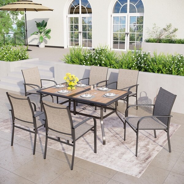 MAISON ARTS 7Piece Patio Dining Set Woodlook Rectangle Table and 6 Textilene Chairs