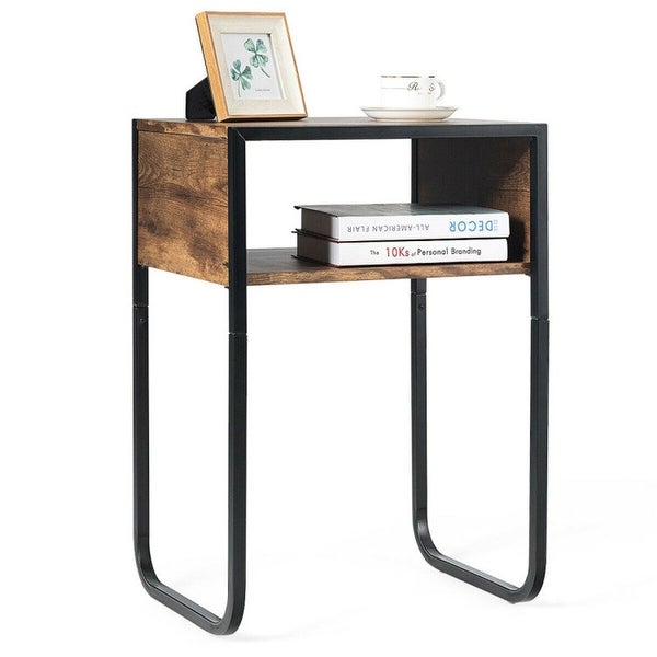 Industrial Side Table with Anti Rust Steel Frame and Open Storage