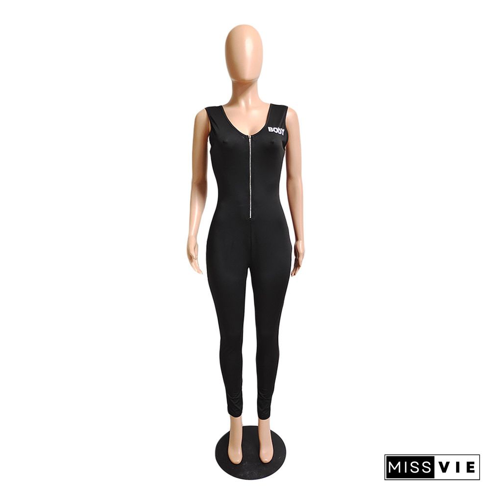 V neck Zipper Sleeveless Bodycon Gym Sports Jumpsuit