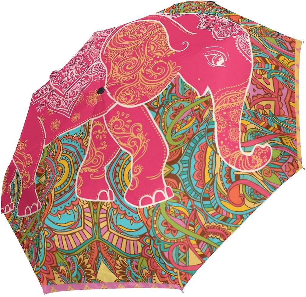 Rain Umbrella Automatic Windproof Foldable Umbrella Ethnic Red Elephant