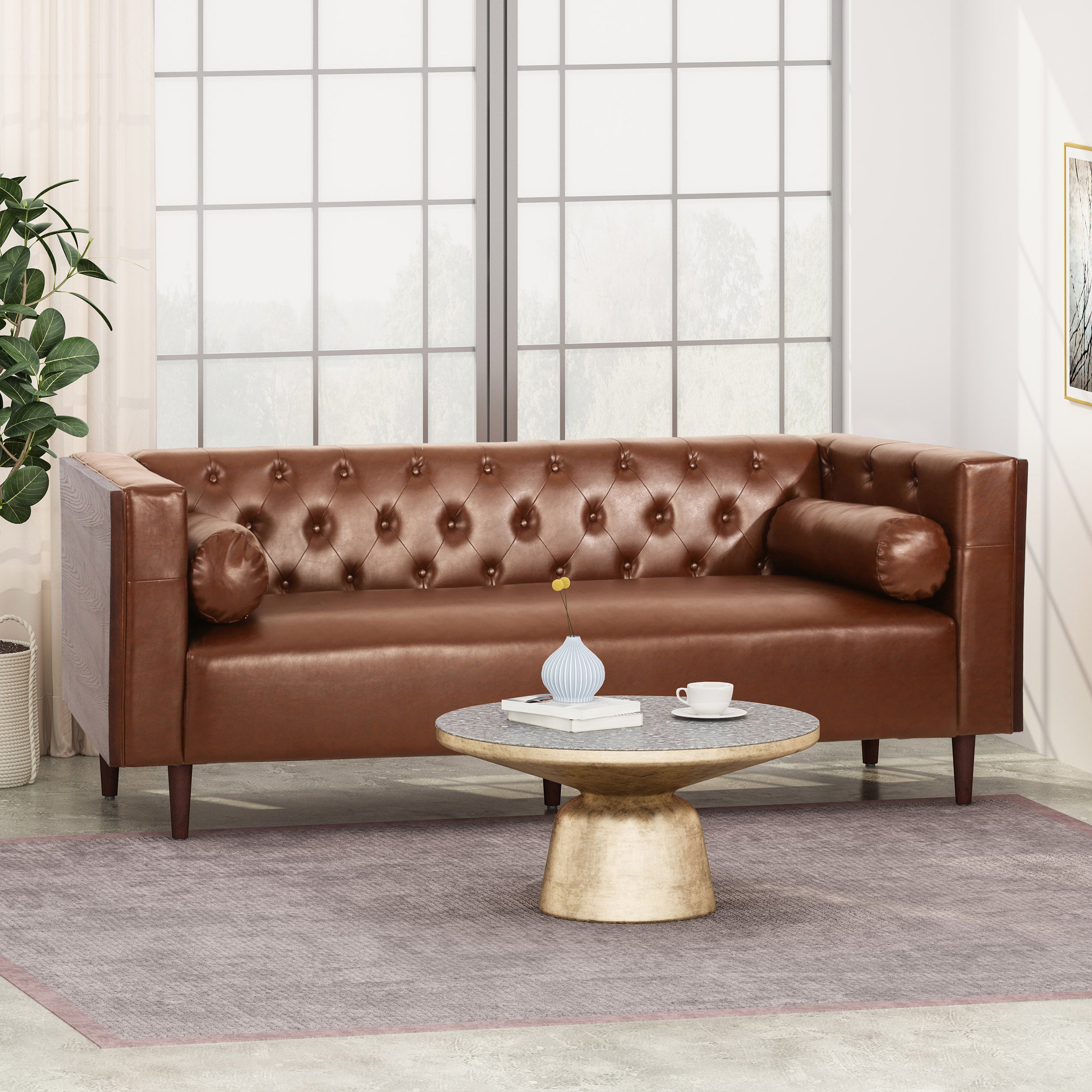 Neilan Contemporary Tufted Deep Seated Sofa with Accent Pillows