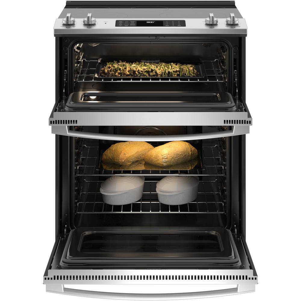 GE 30 in. 6.6 cu. ft. Slide-In Double Oven Electric Range in Stainless Steel with True Convection JSS86SPSS