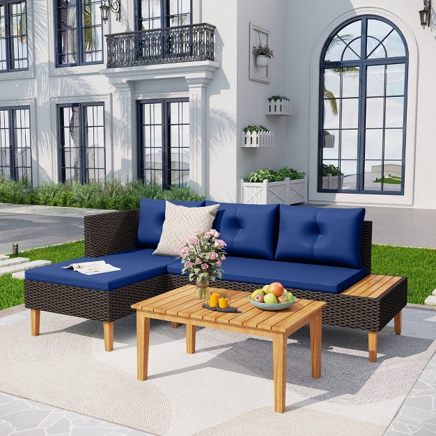 3pc Outdoor Acacia Wood Conversation Set With Sectional Sofa amp Cushions Captiva Designs