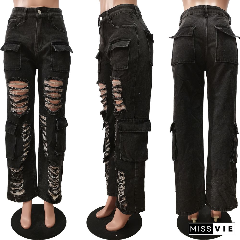 Streetwear Ripped Holes Mid Waist Denim Pants