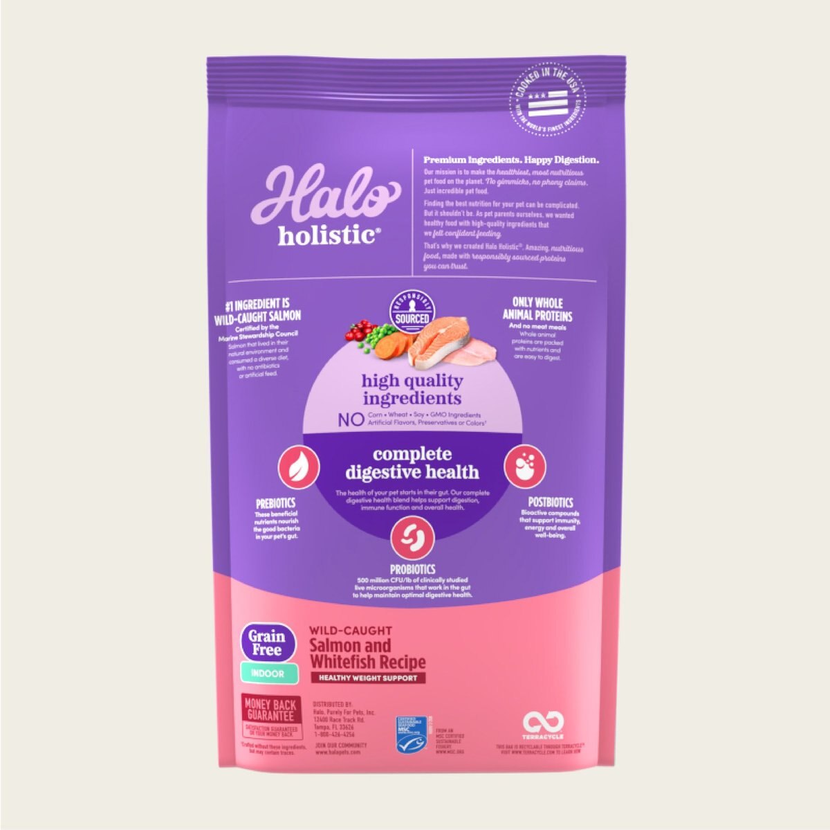 Halo Holistic Indoor Wild-Caught Salmon and Whitefish Recipe Complete Digestive Health and Healthy Weight Support Grain-Free Adult Dry Cat Food