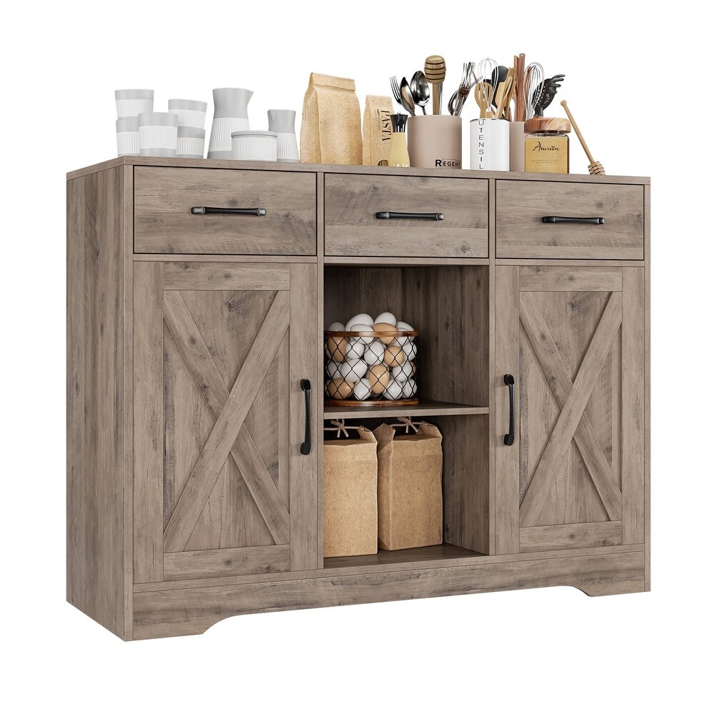 Modern Farmhouse Buffet Storage Cabinet  Barn Doors Wood Sideboard with Drawers and Shelves For Coffee Bar  Kitchen  Dining Room