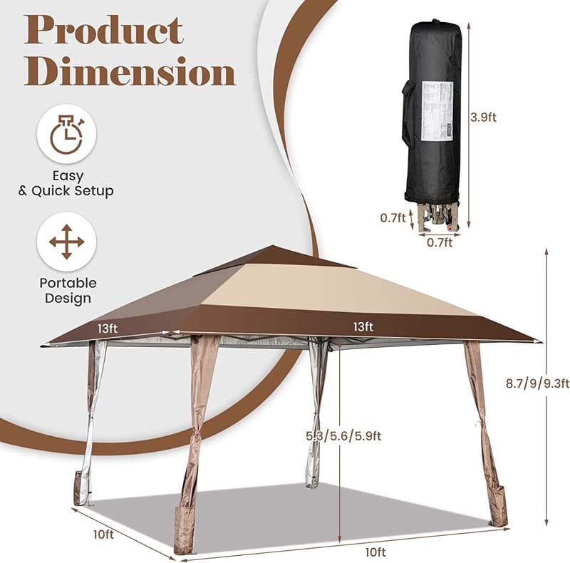 13 x 13 FT 2-Tier Pop-Up Gazebo Tent with 4 Curtains & Wheels, Instant Outdoor Canopy Shelter with Carry Bag