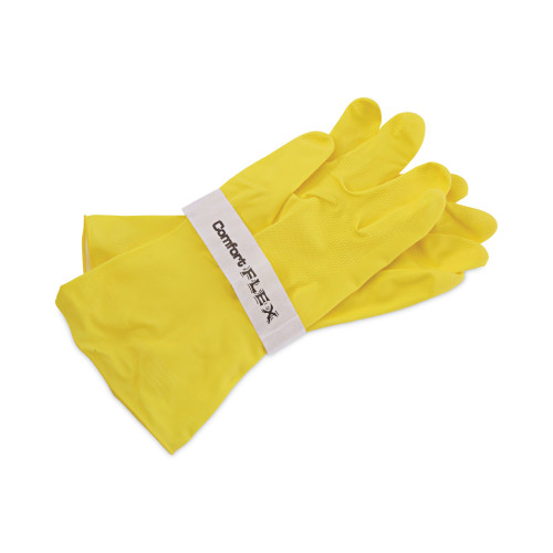 Boardwalk Flock-Lined Latex Cleaning Gloves， Large， Yellow， 12 Pairs (242L)