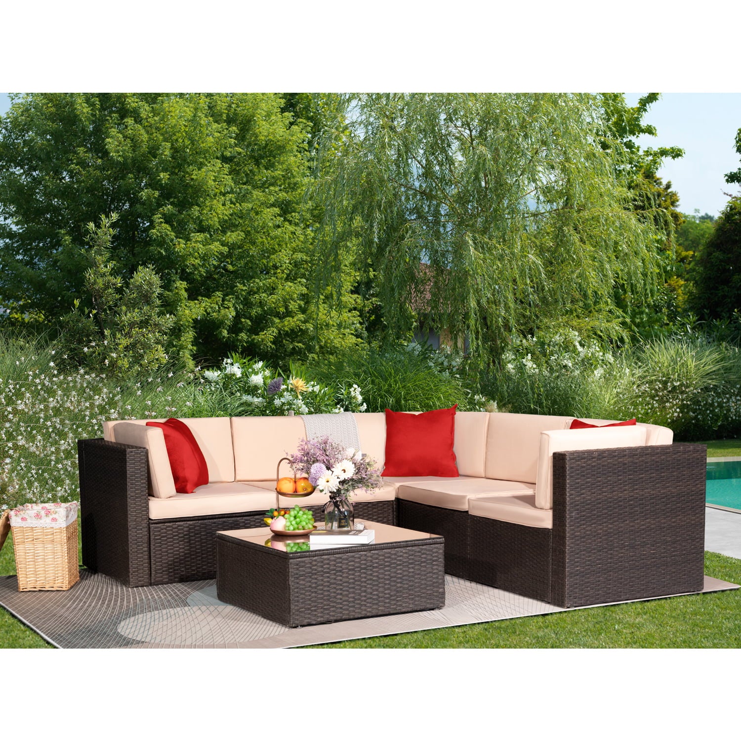 Devoko 6 Pieces Patio Furniture Set Outdoor Sectional Sofa, Beige, Wicker, Rattan, Steel