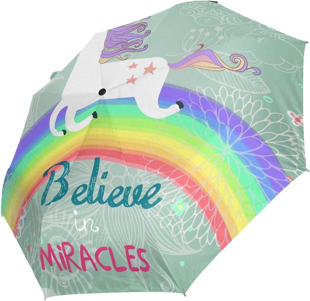 Travel Umbrella Automatic Windproof Foldable Umbrella Sleeping Unicorn With Rainbow