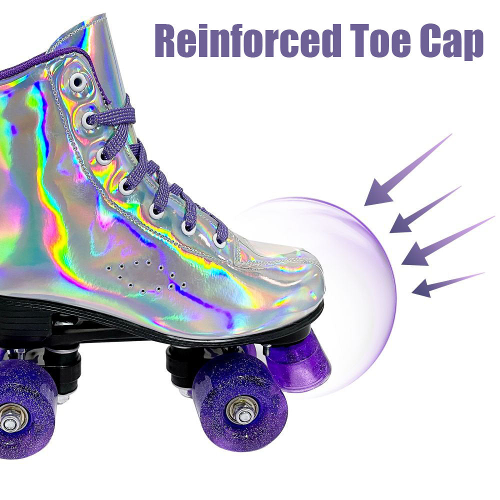 Laser Roller Skates for Women Cozy High Top Shiny Skates Classic Double-Row Quad Skates for Beginner Indoor Outdoor， Sliver， 8