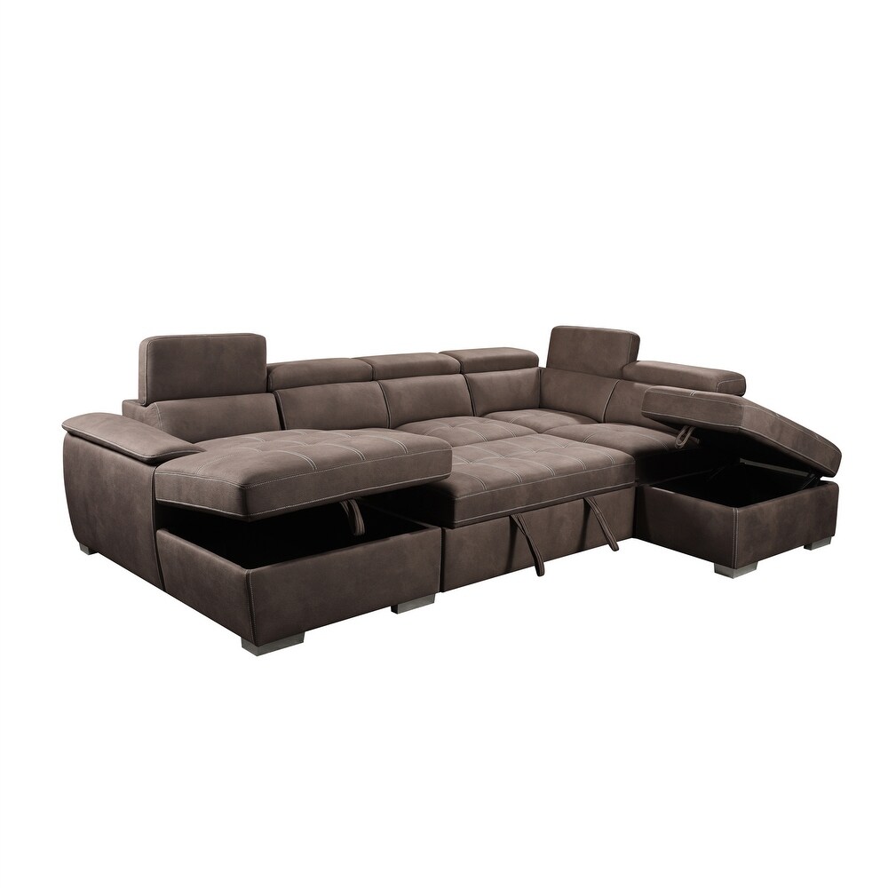 Brown U Shape Modular Sectional Sofa with Adjustable Headrest