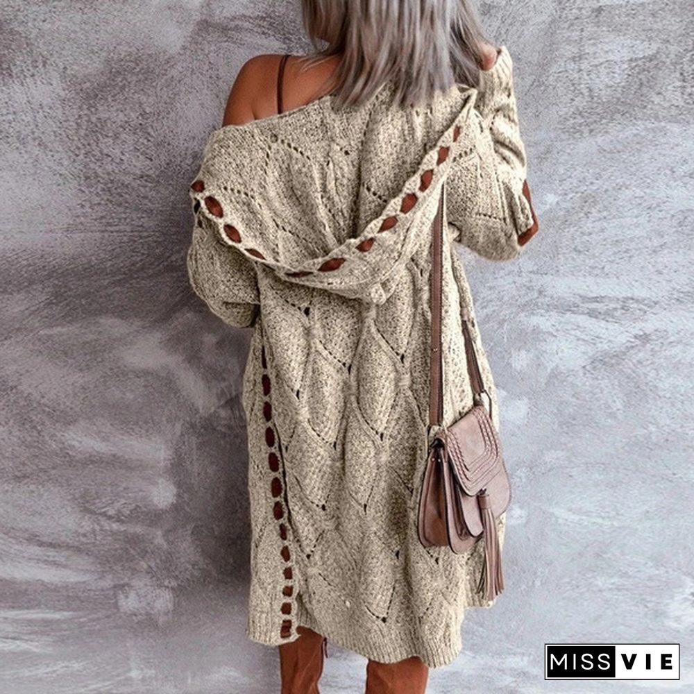 New Women's Cardigan Sweater Coat Female Long Sleeve Casual Hooded Vintage Elegant Sweaters Overcoat Autumn Winter