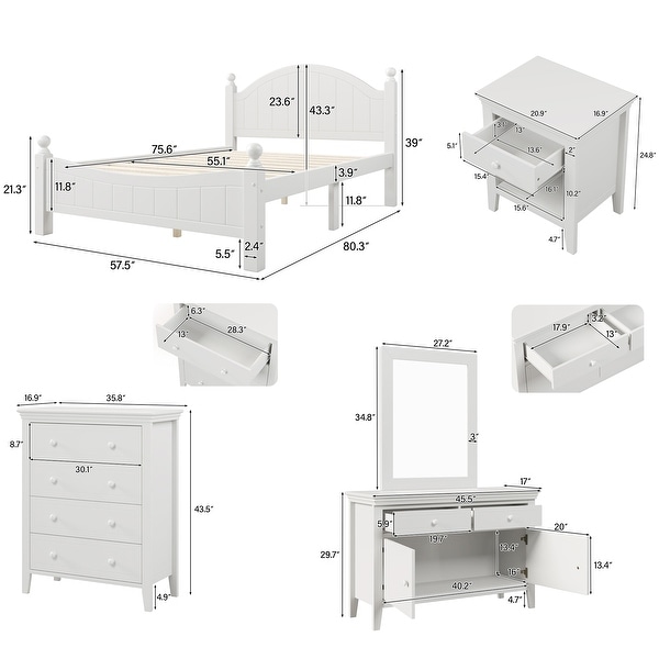 6 Pieces Wood Bedroom Sets， Nightstand*2+ Chest+ Dresser+ Mirror+ Bed - - 36905678